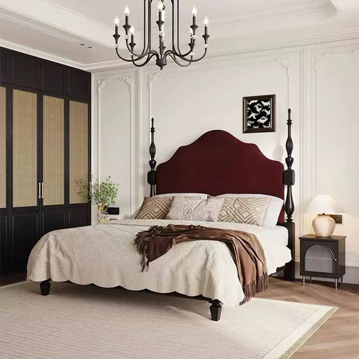 Wide angle view of the bedroom with wardrobe and bed