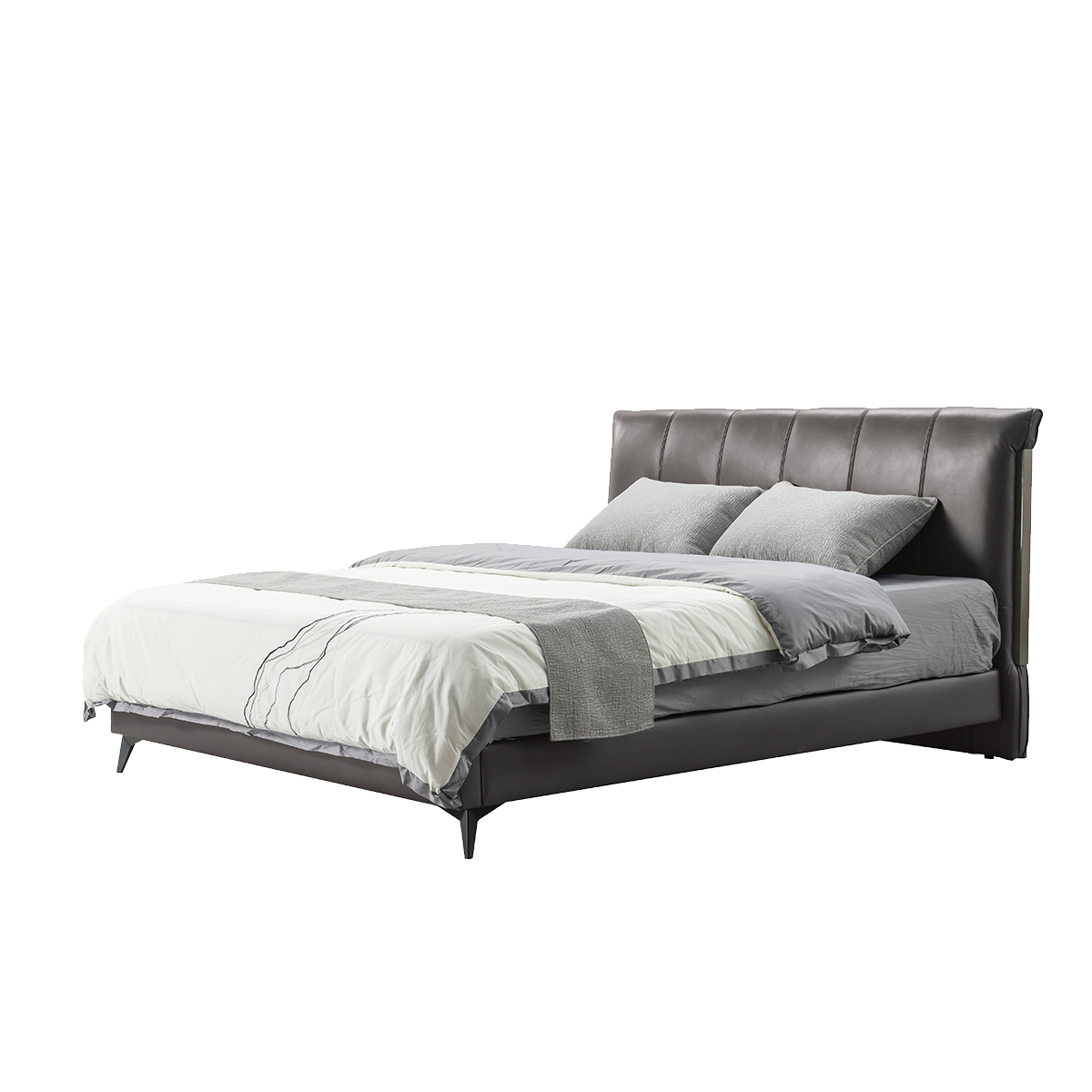 Side angle view of the bed frame highlighting the angled legs and base