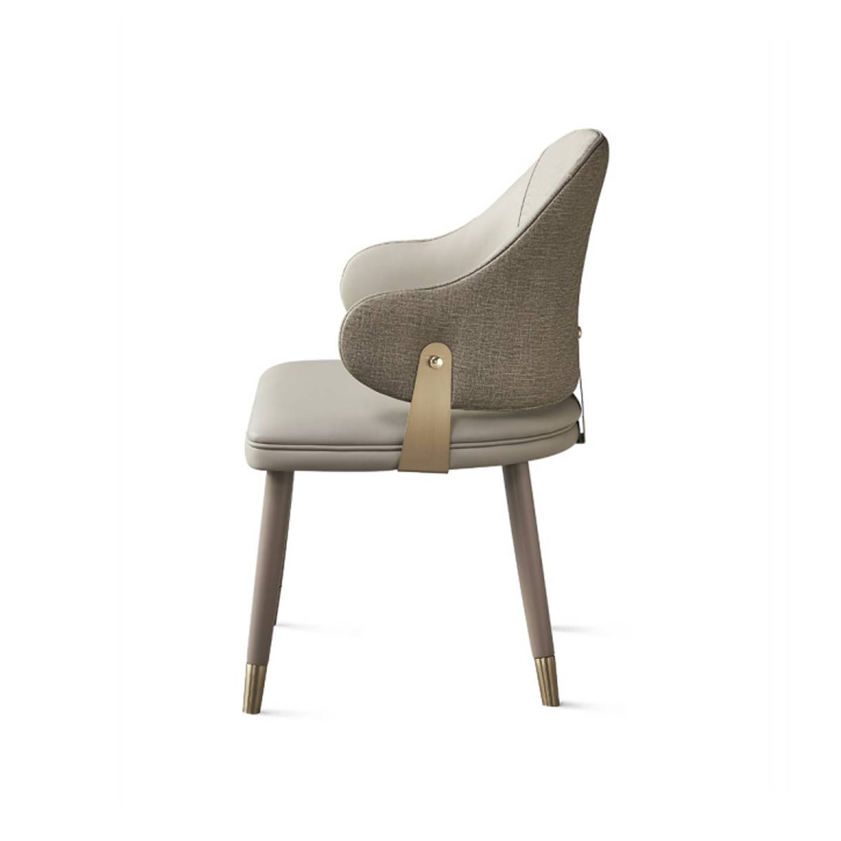 Side view of the dining chair showing the curved backrest and metal strap detail
