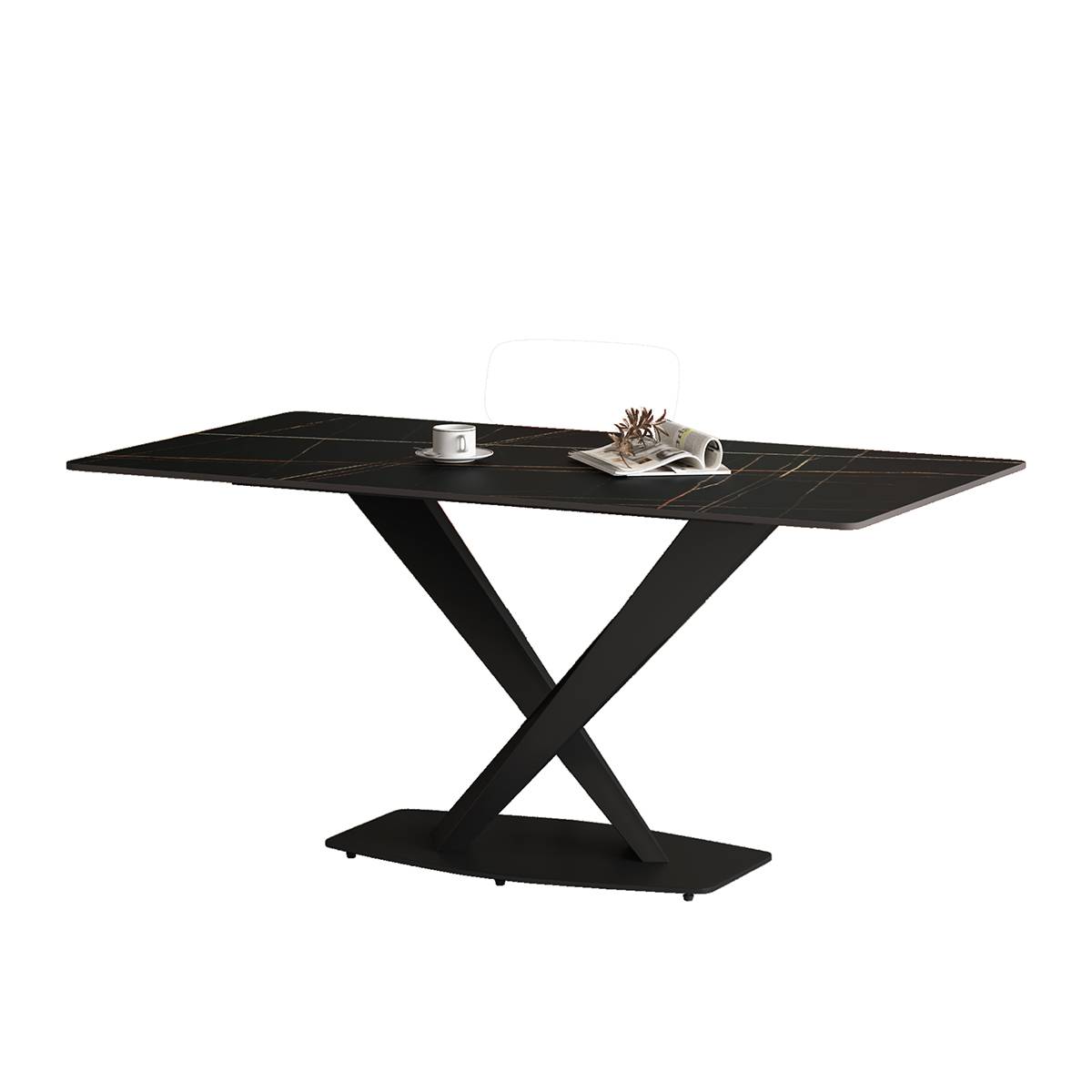 Black sintered stone dining table with X-shaped base and gold veining