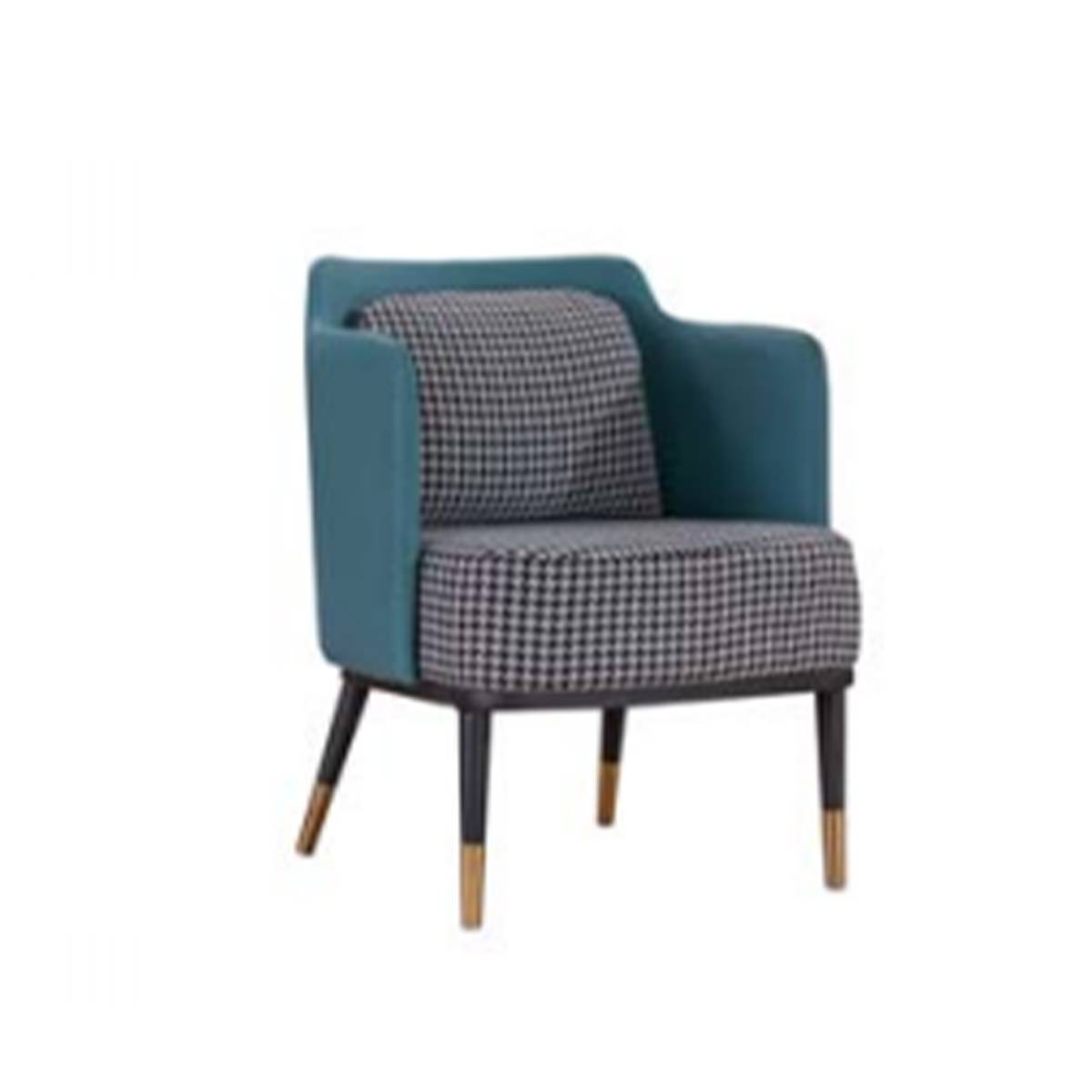 Teal frame lounge chair with checkered linen cushion and gold-tipped legs