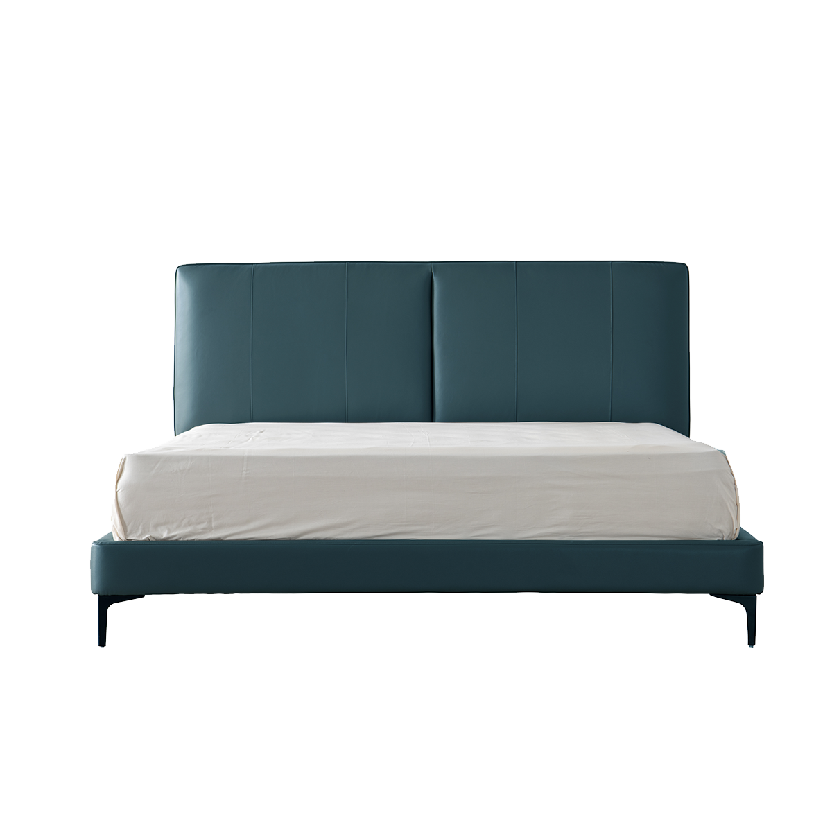 Front view of a teal upholstered bed