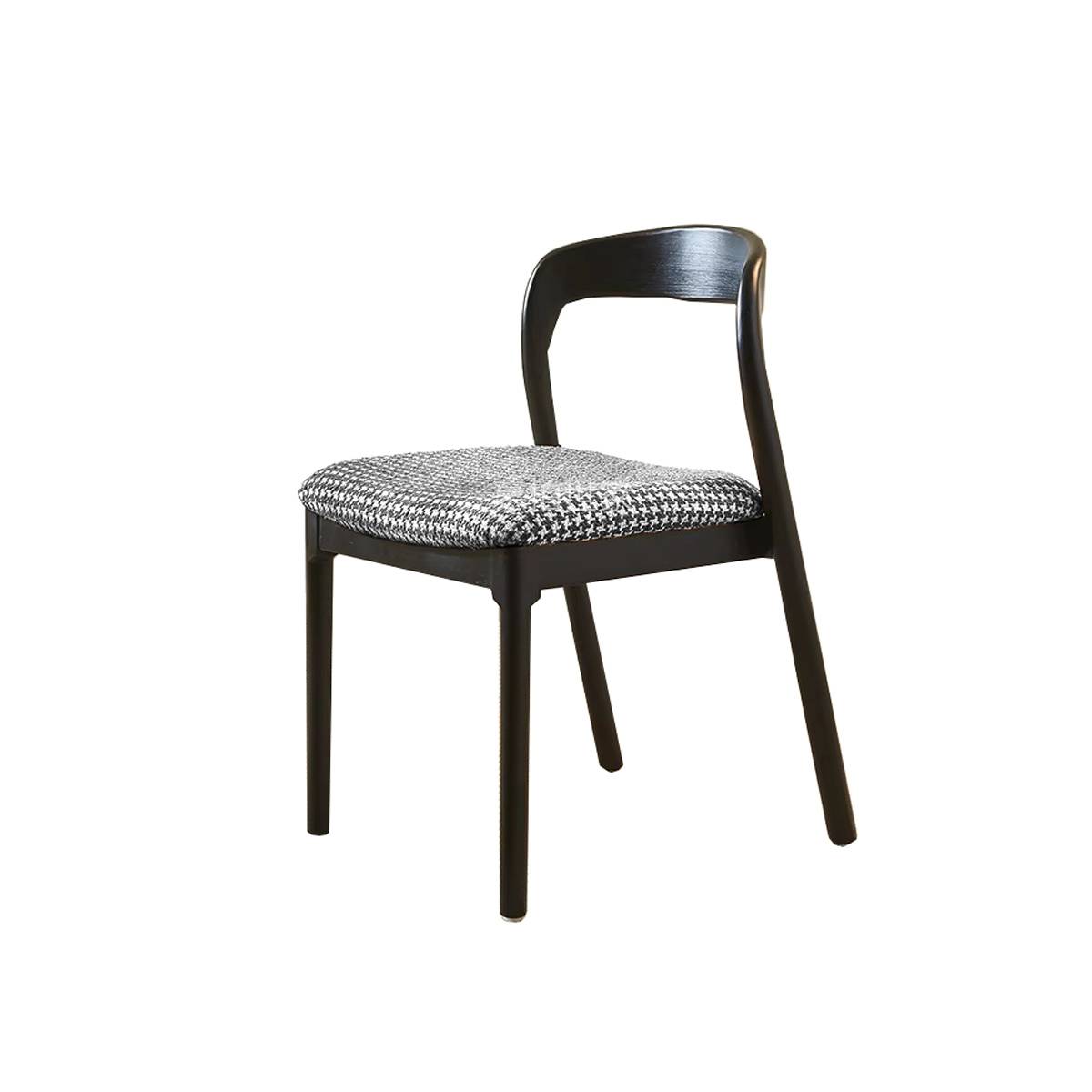 Black wood dining chair with houndstooth fabric seat