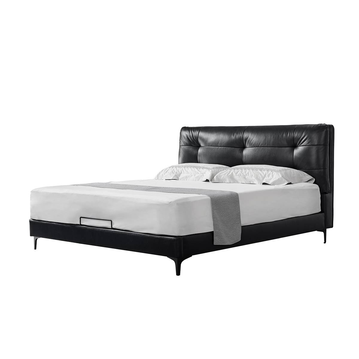 Side angle view of black leather bed