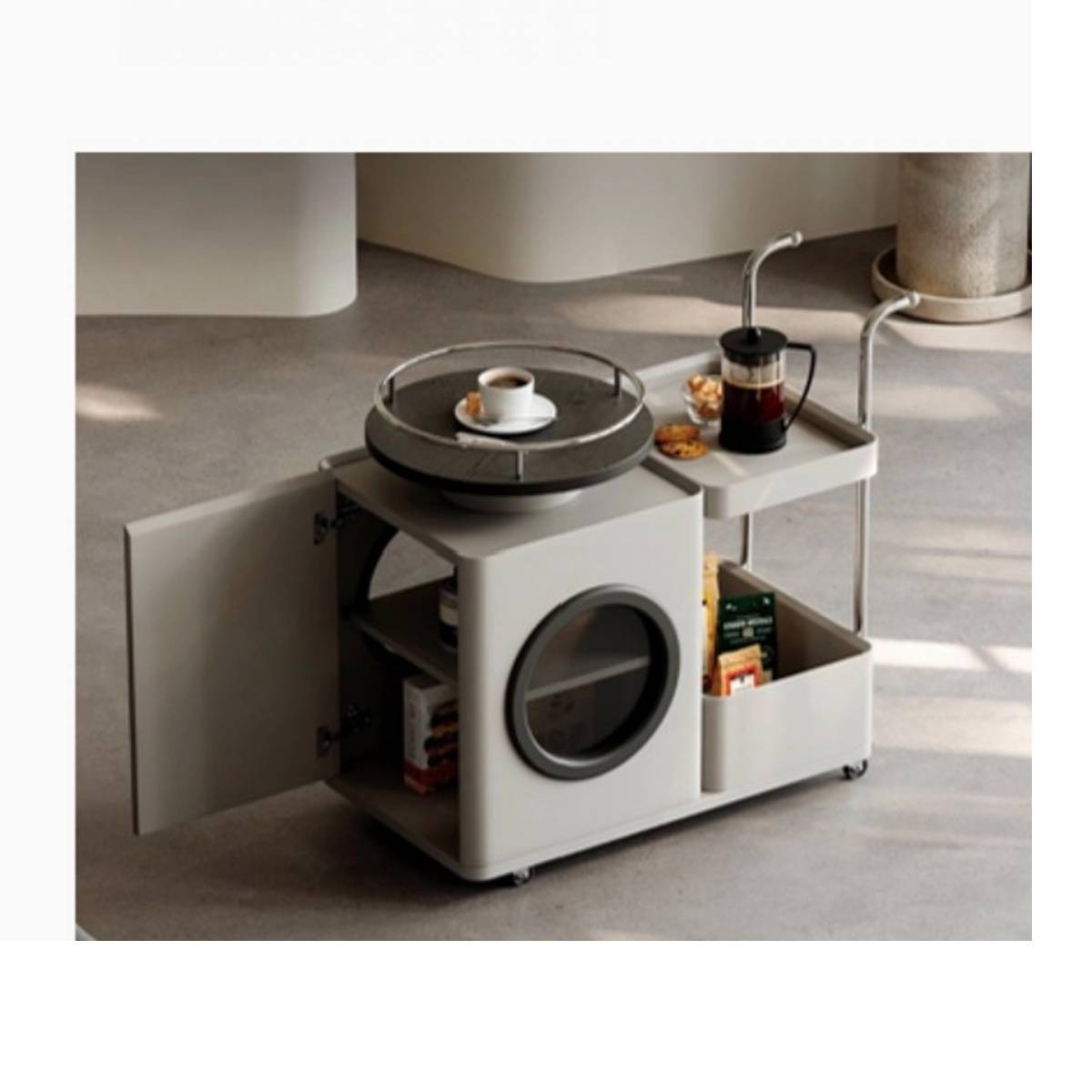 Mobile side cabinet with open door revealing storage shelves and coffee items on the tray