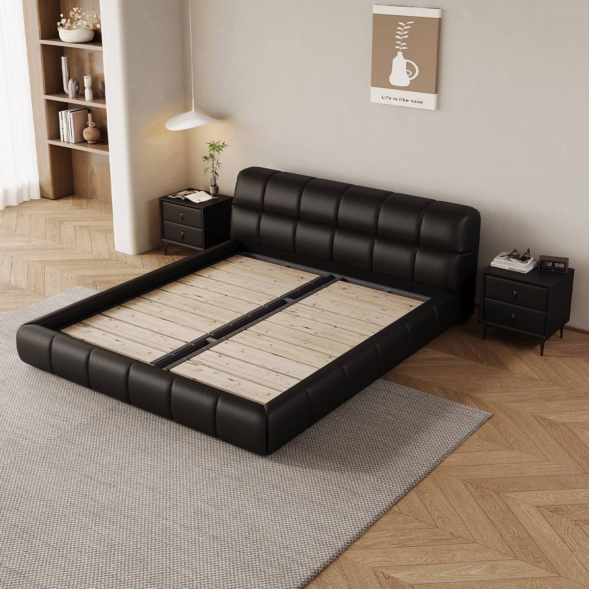 Black floating bed frame showing wooden slat base and tufted headboard