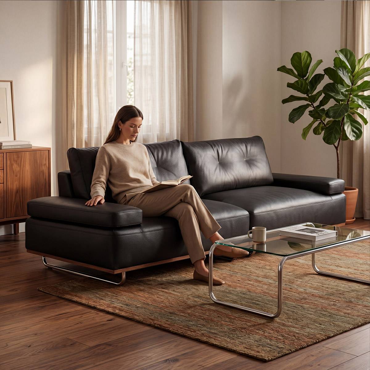 Woman reading on a black leather version of the sofa in a modern living room