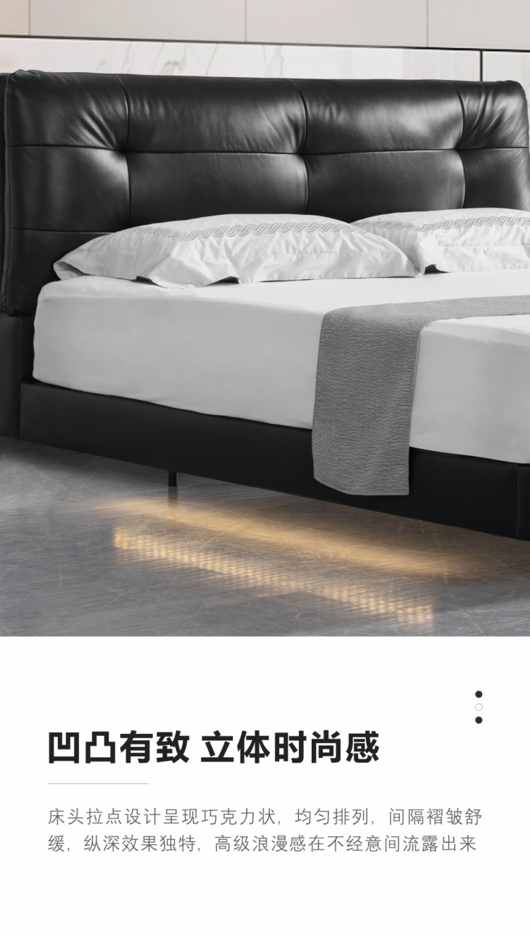 Close-up of the black leather tufted headboard showing the chocolate-like texture