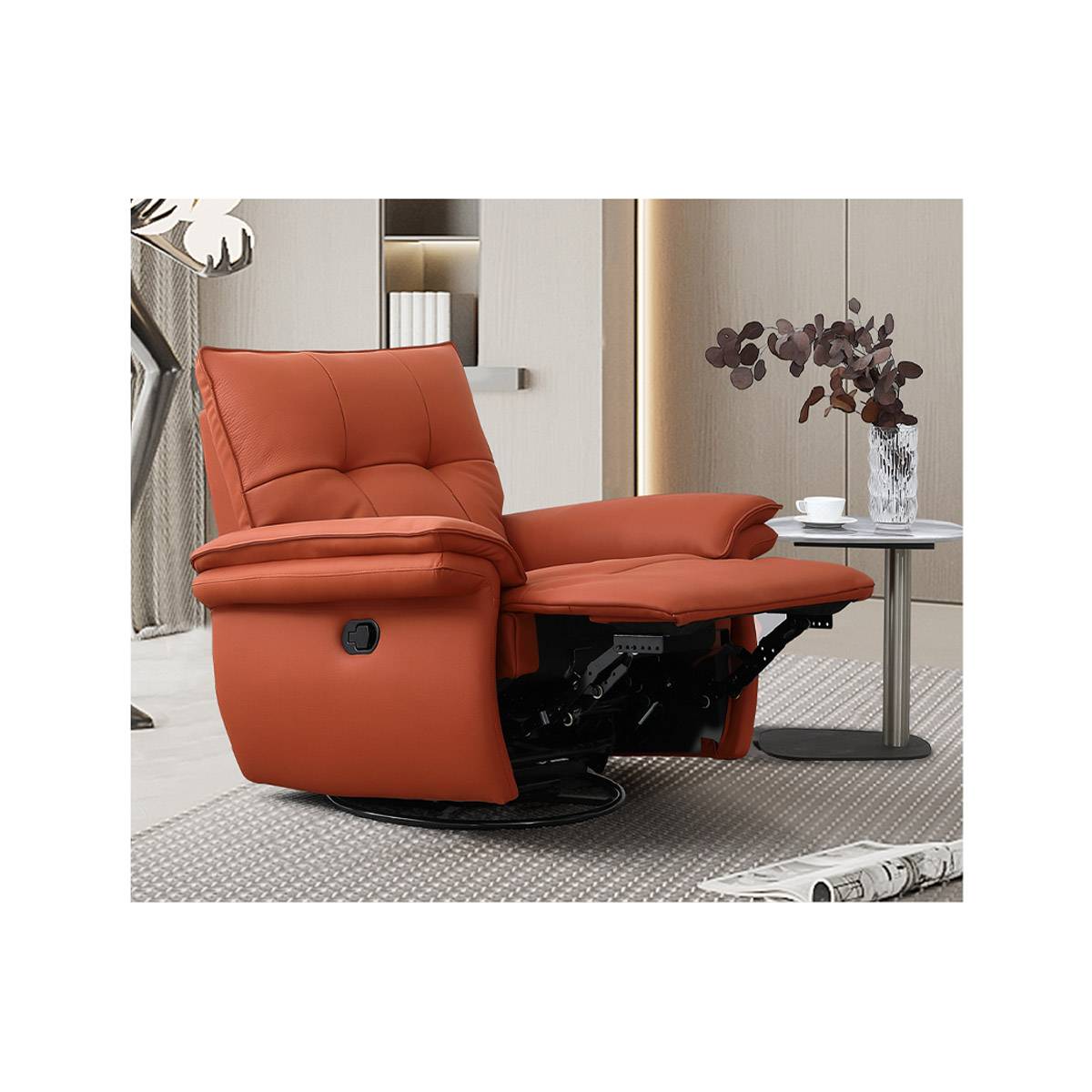Side view of the orange leather recliner in the fully reclined position showing the footrest.