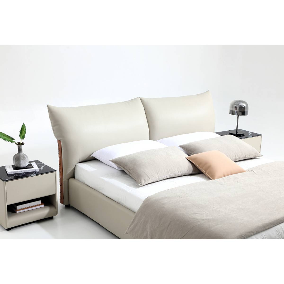 Close-up detail of the bed headboard and pillows