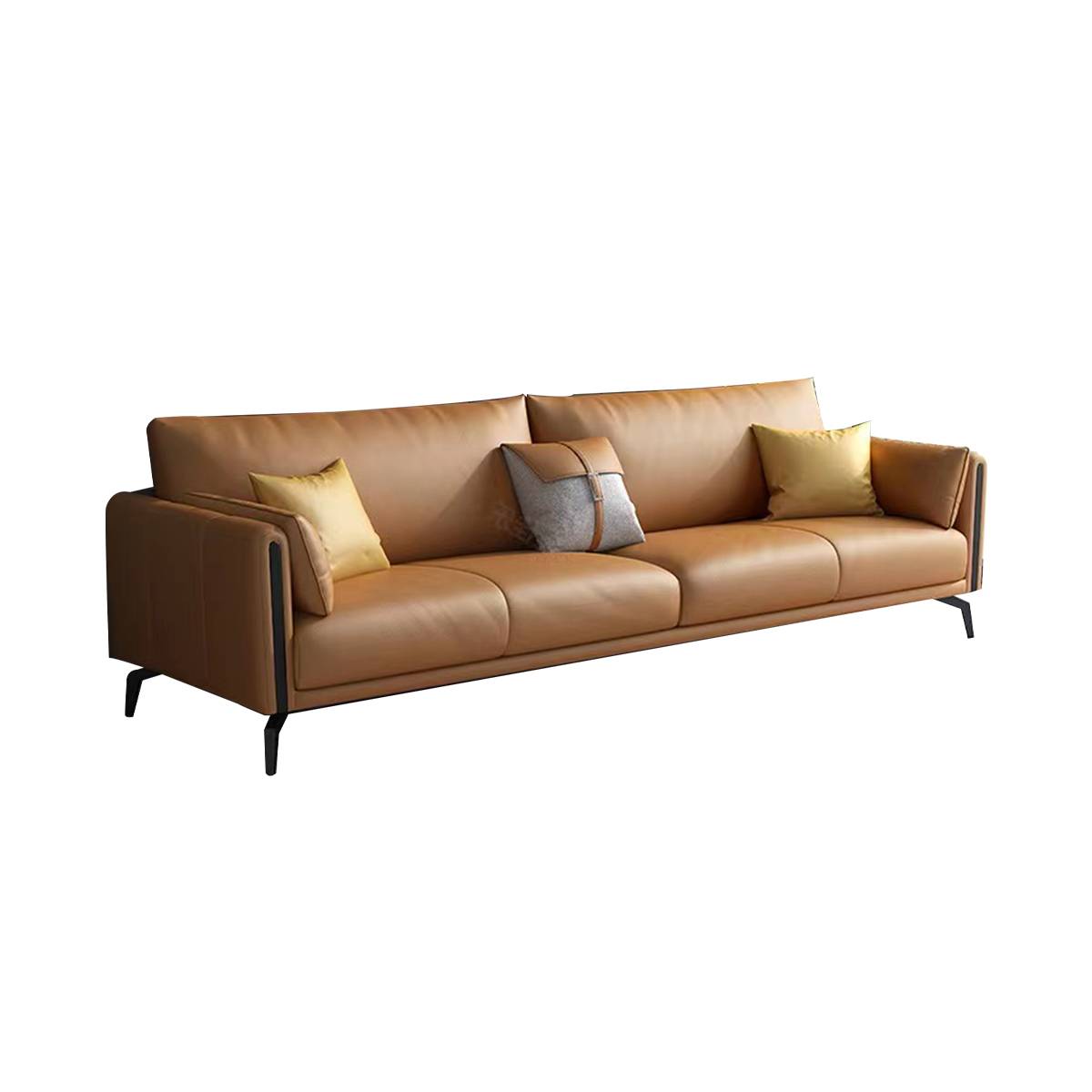 Brown straight sofa with narrow armrests isolated on white background