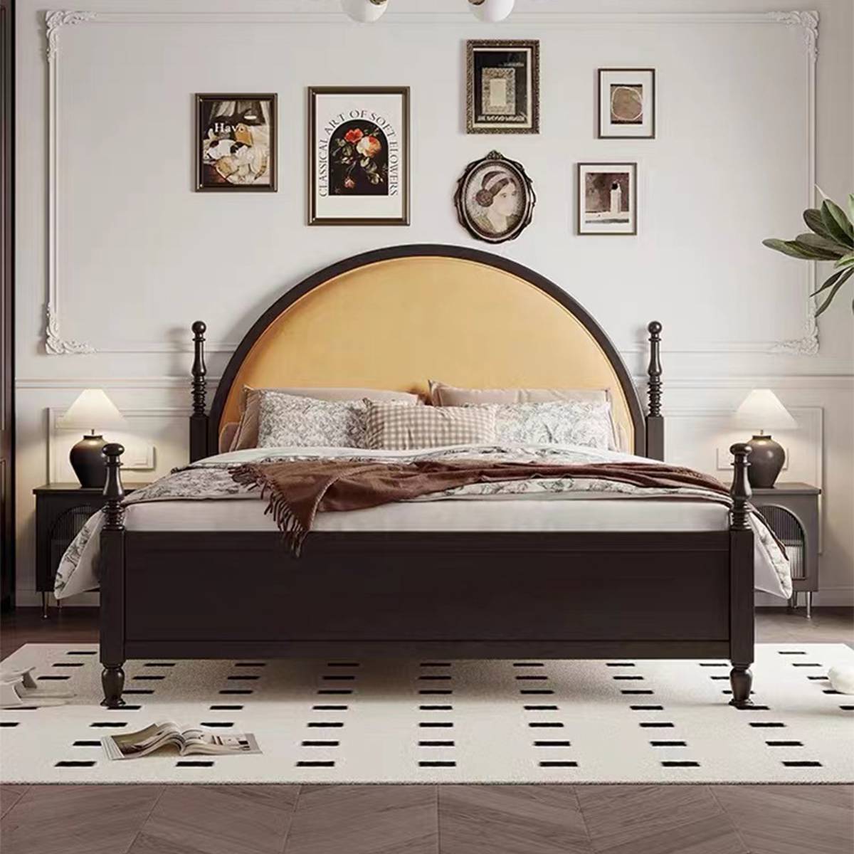 Front view of the mid-century solid wood bed with yellow headboard and black frame