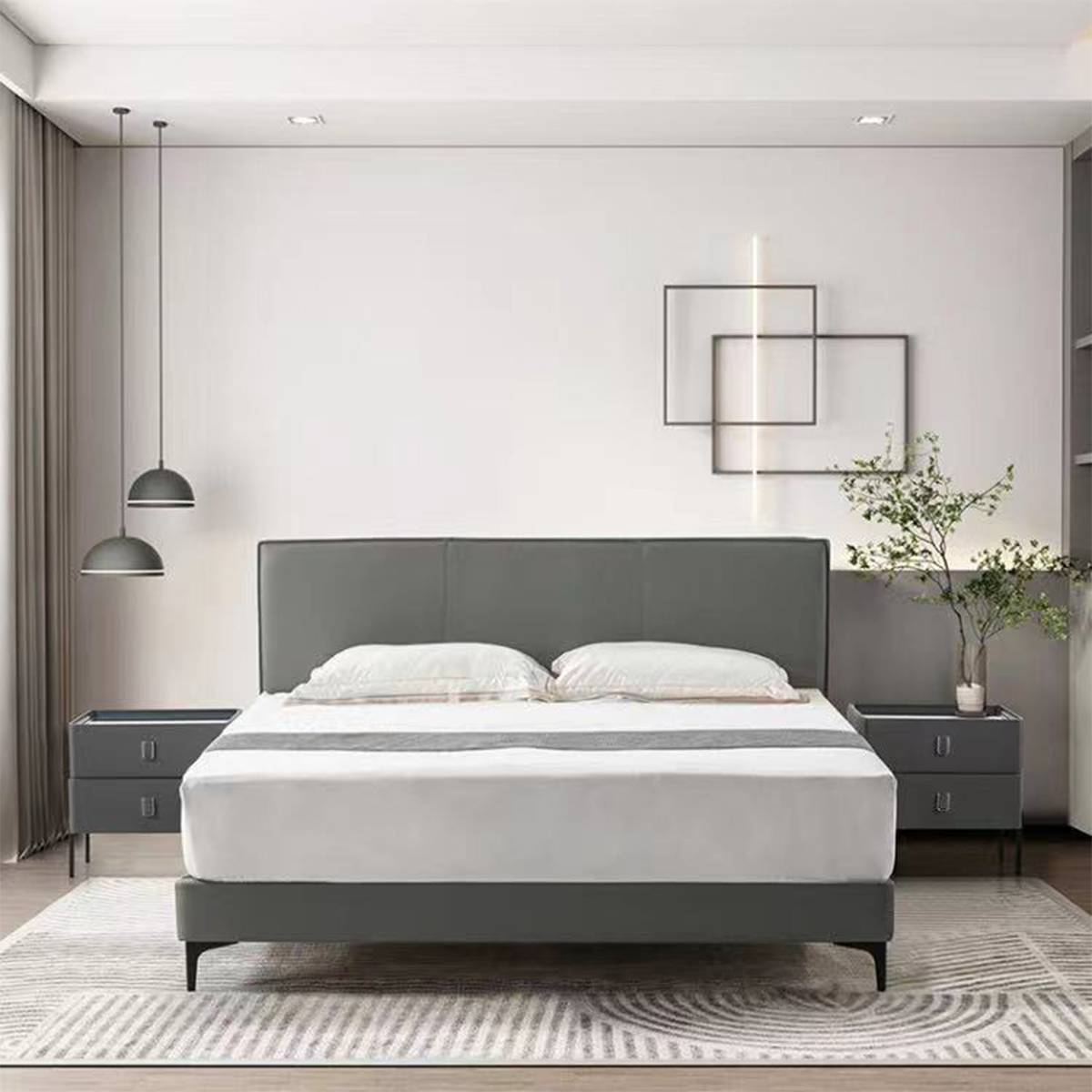 Full view of the grey leather bed in a modern bedroom setting