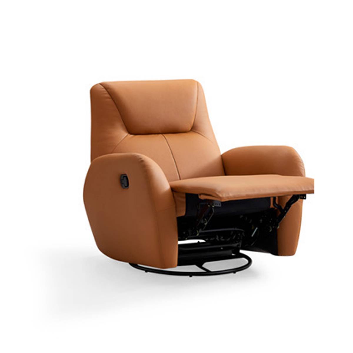 Tan leather recliner chair in reclined position showing the footrest and mechanism