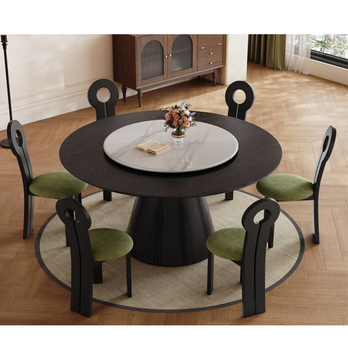 Black finish round dining table with black dining chairs