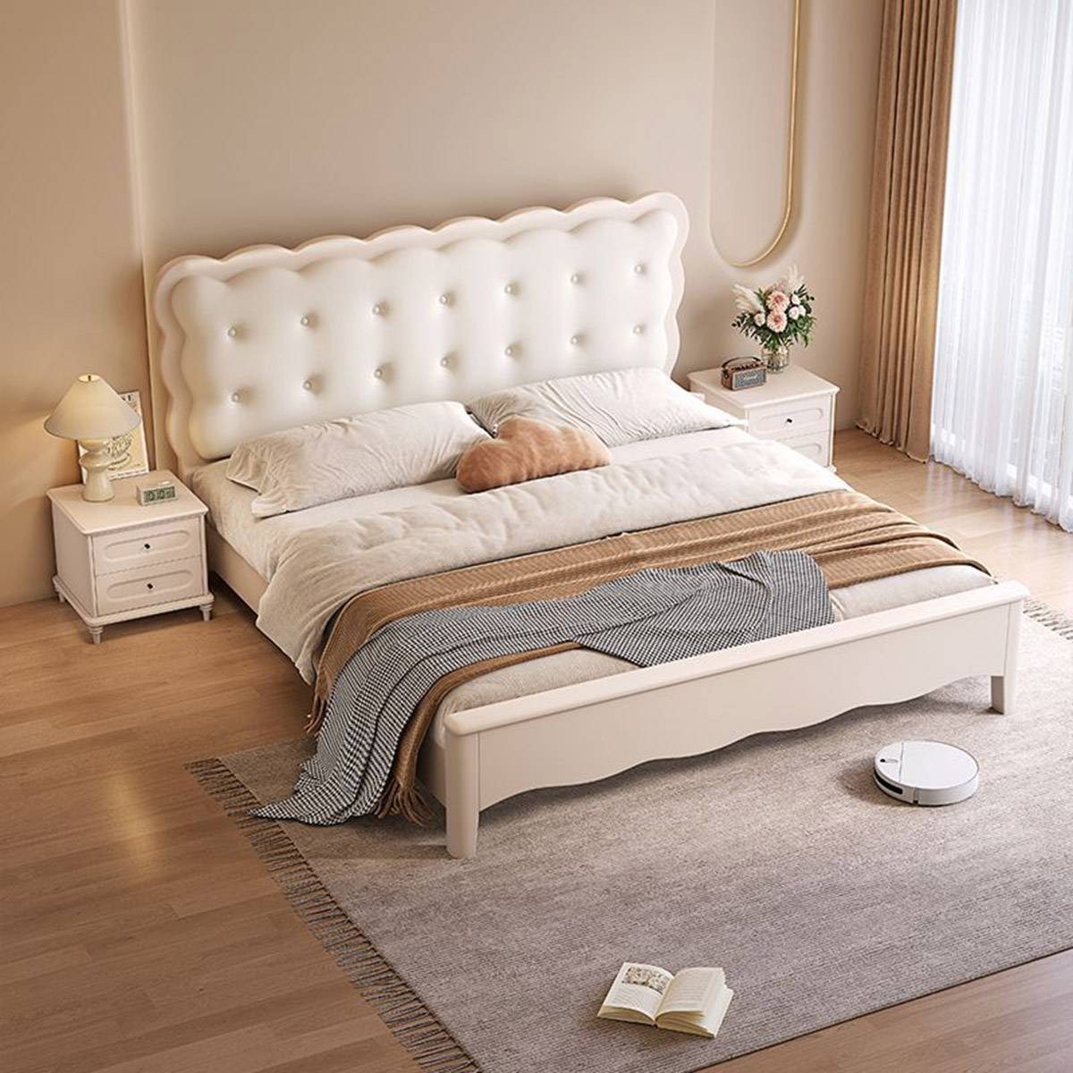 Black frame mid-century bed with cream tufted headboard and wooden slats