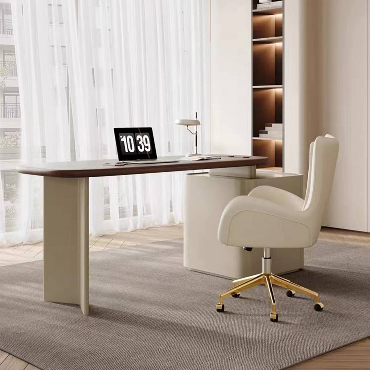 Side view of the desk with an office chair