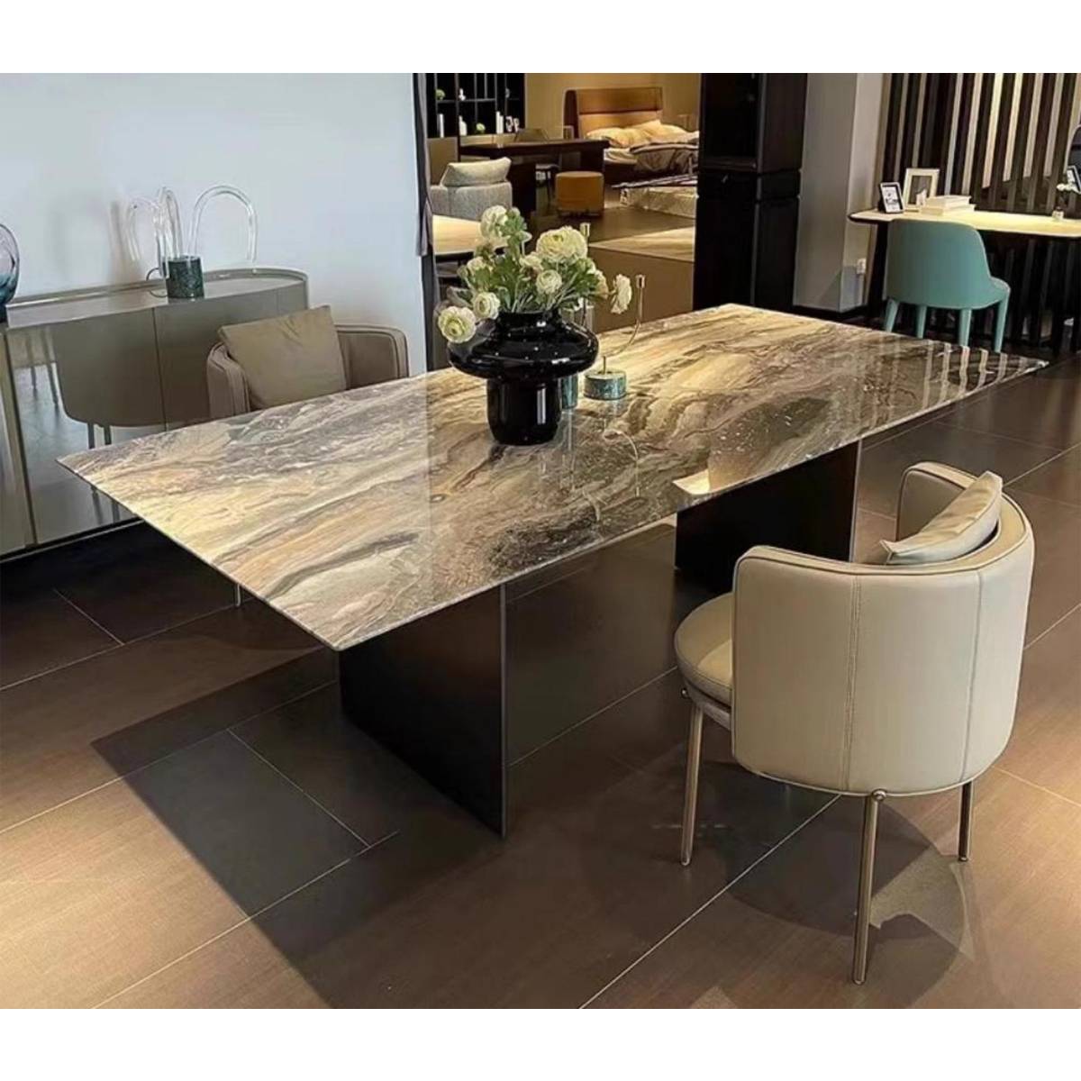 Imported Venetian Brown Natural Marble Luxury Stone Dining Table with Stainless Steel Grey Steel Linha Base (Z60-S50)