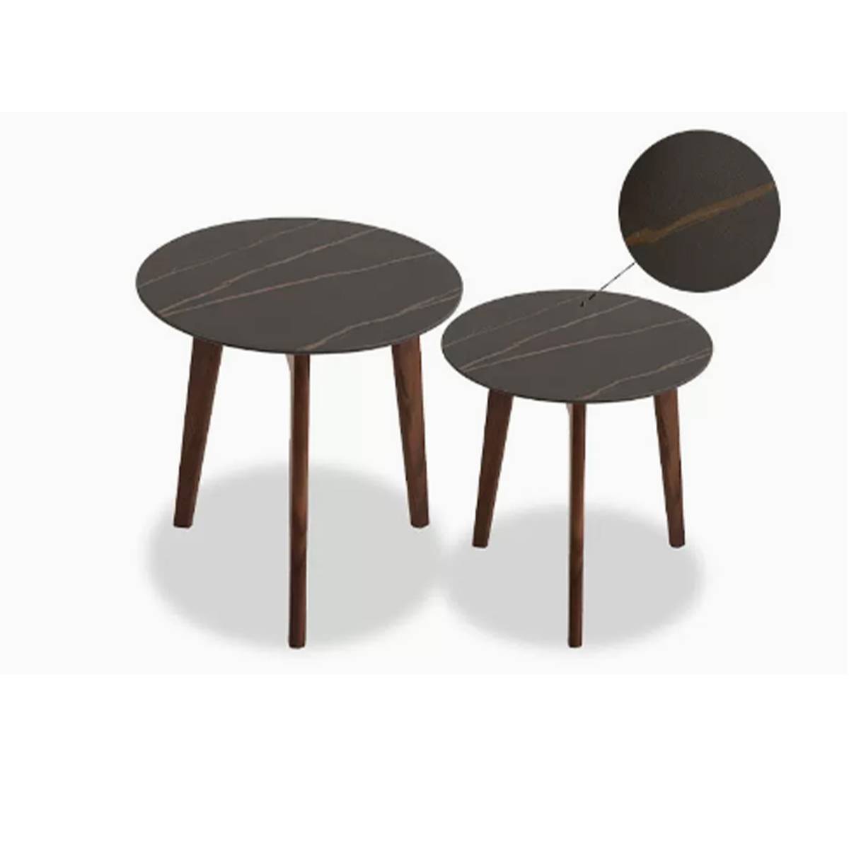 Product shot of two nesting round side tables with dark stone-effect tops and walnut legs