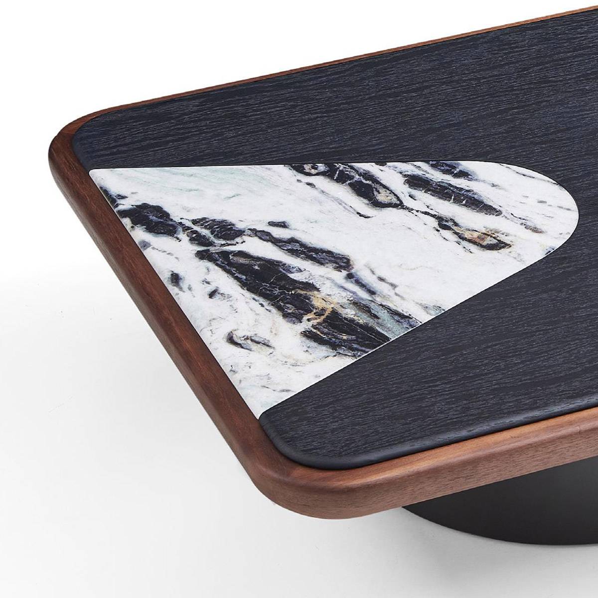 Close-up detail of the coffee table corner showing the natural stone inlay and wood edge.