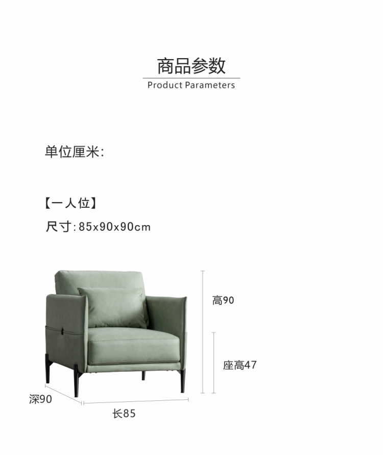 Product parameter diagram showing dimensions for the 2-seater version