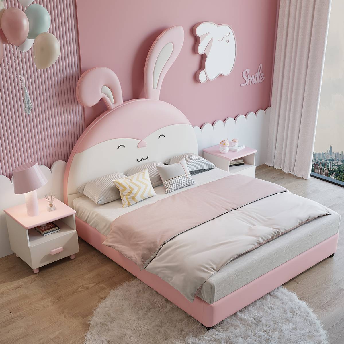 Angled view of rabbit headboard bed in bedroom setting