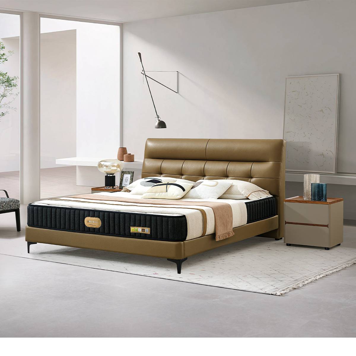 Full view of the brown leather upholstered bed in a modern bedroom setting