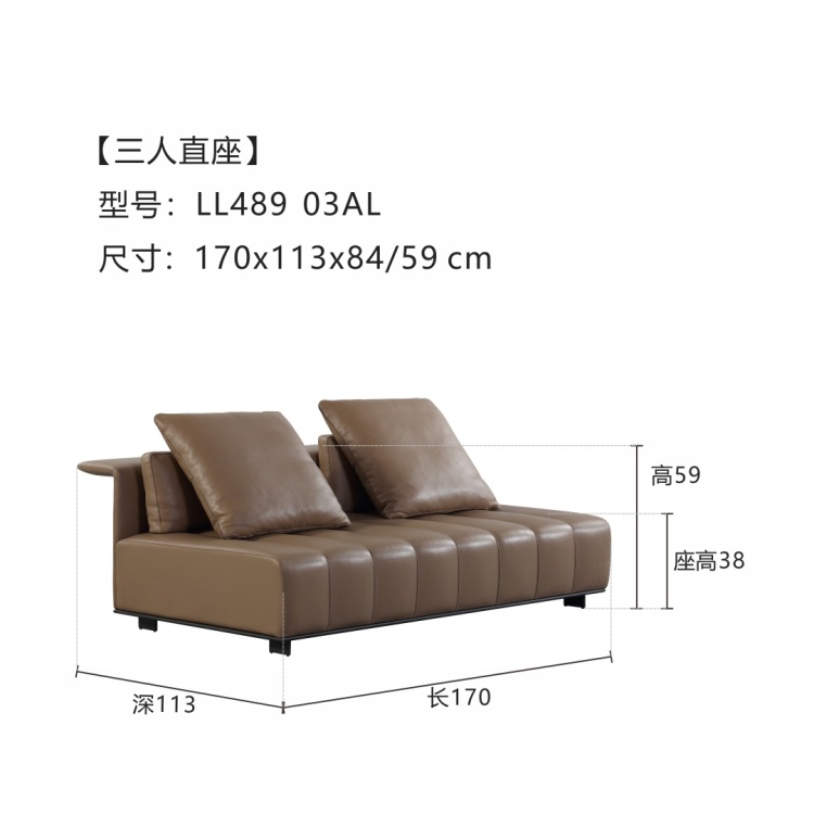 Product parameters for 3-seater straight seat sofa, model LL489 03AL, dimensions 170x113x84/59 cm