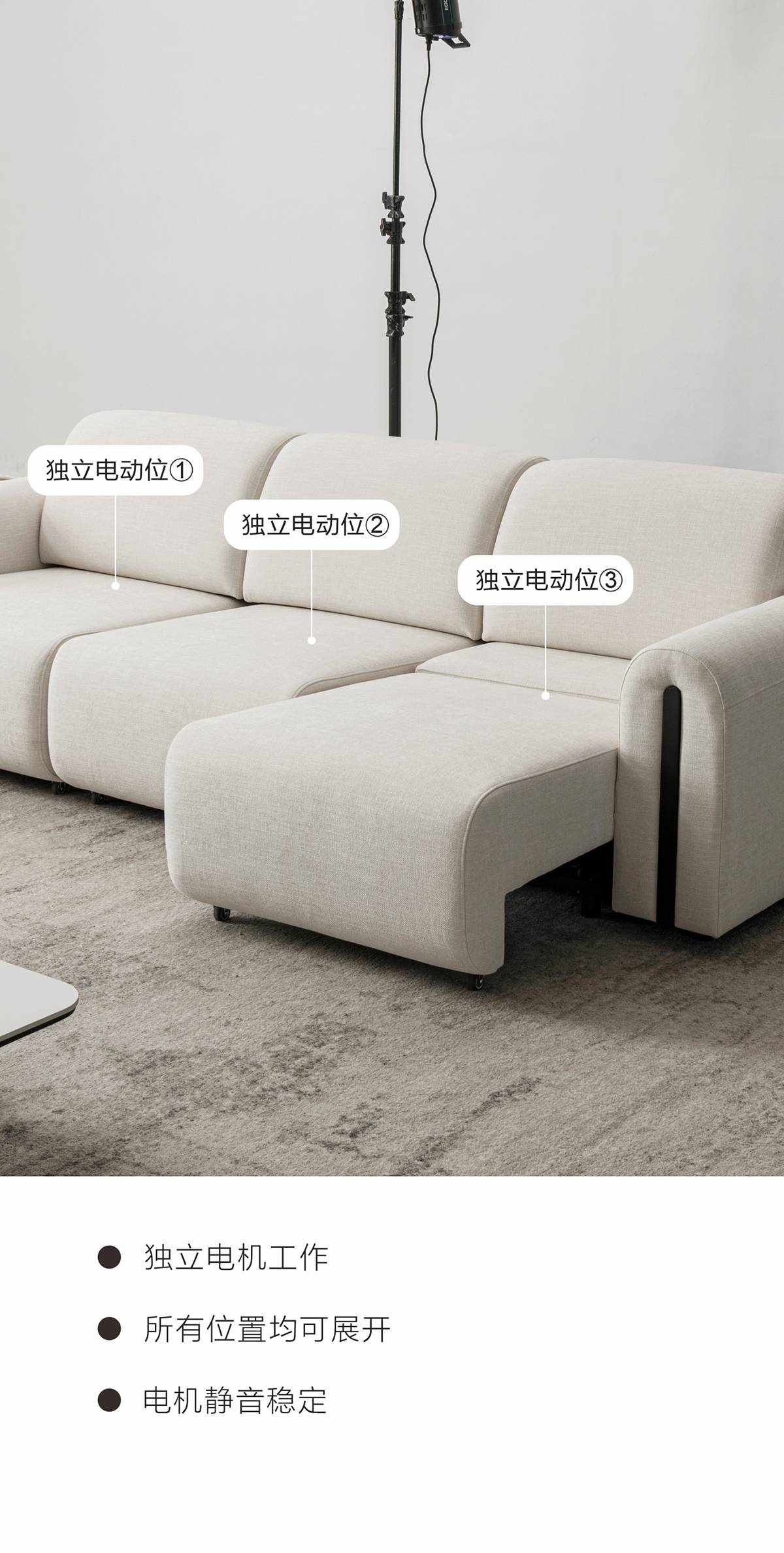 Close-up of sofa showing independent electric reclining positions