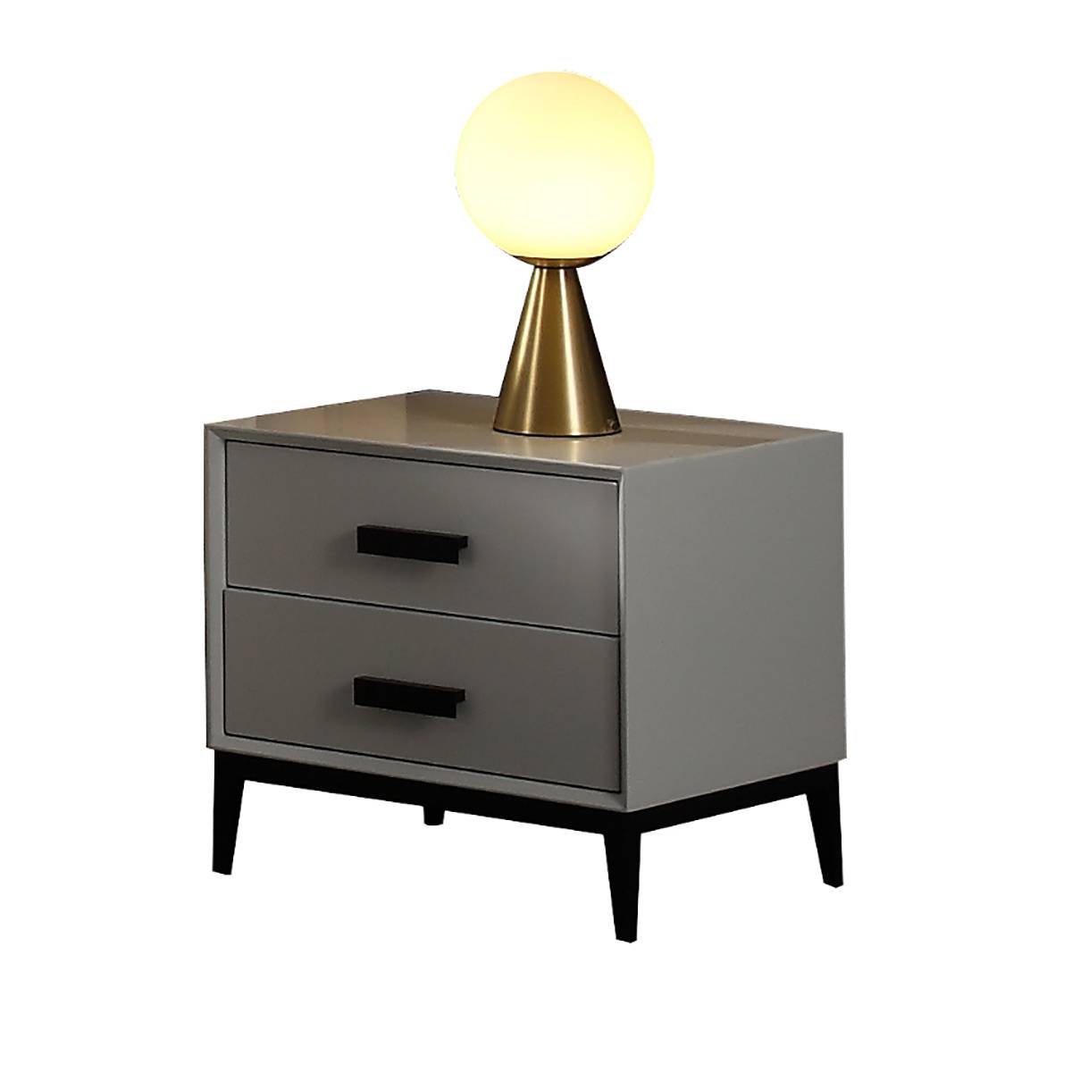 Grey painted bedside cabinet with two drawers and a gold lamp on top