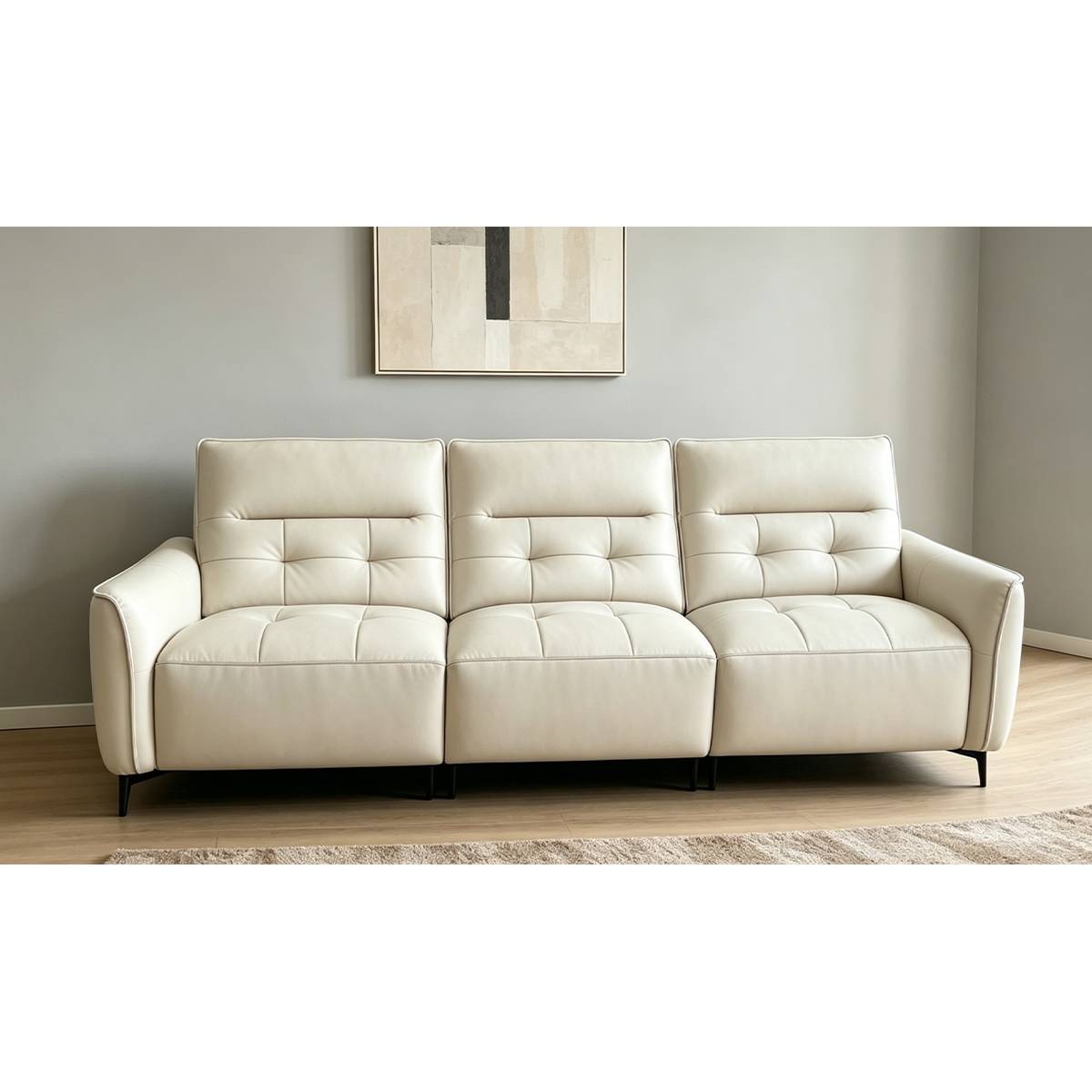 Front view of the cream-colored eco-leather straight sofa showing the three-seat configuration.