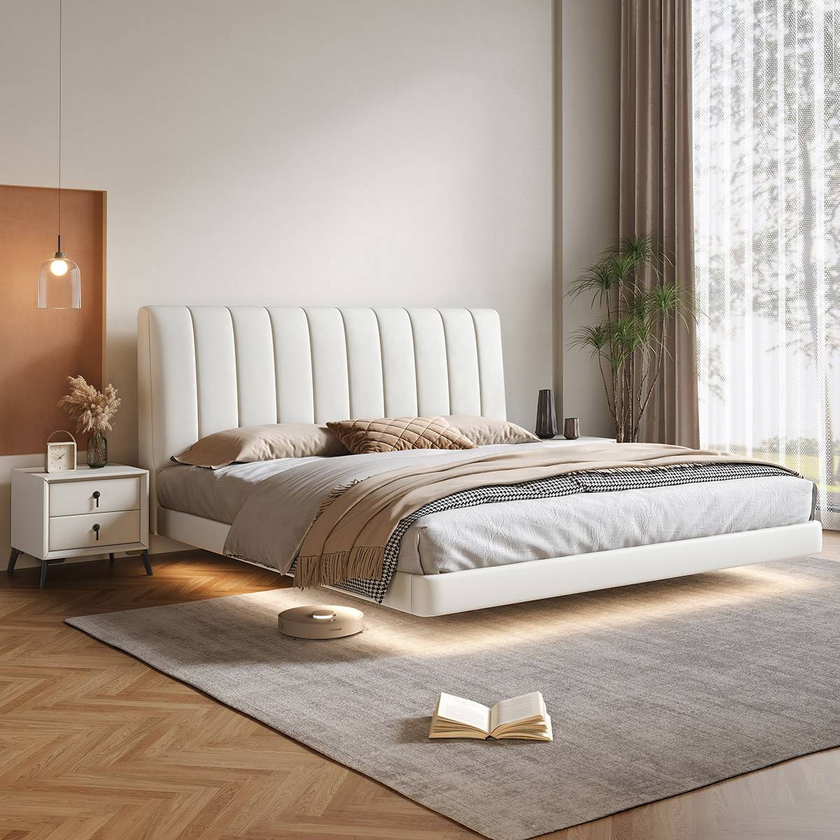 Side view of the white Piano Eco-Leather Bed with bedding and bedside table