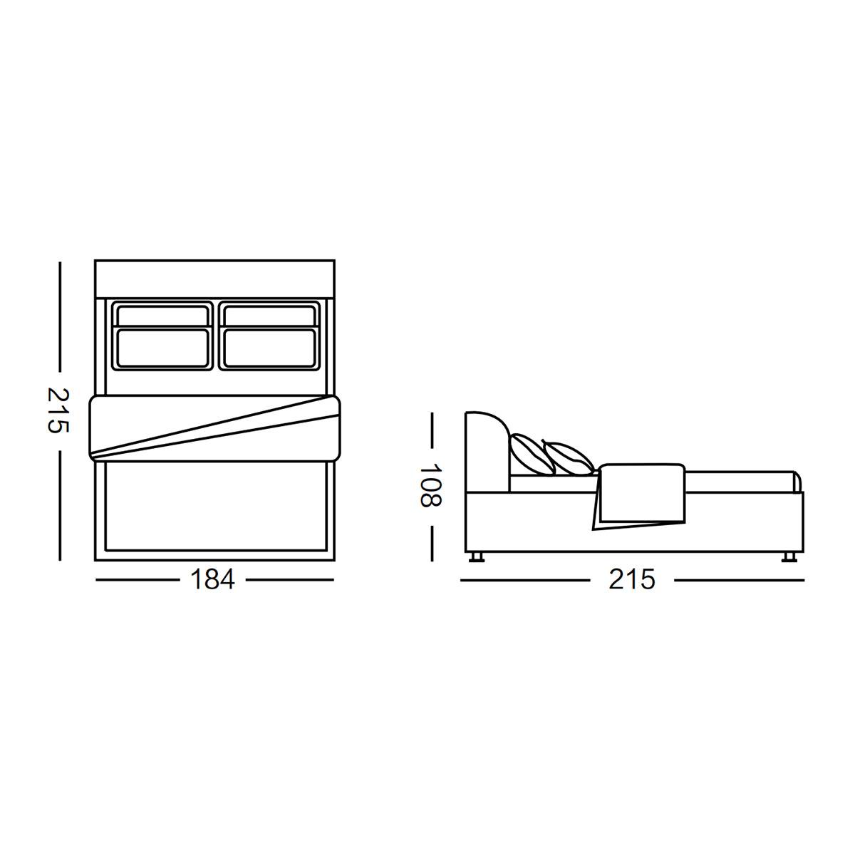 Technical line drawing showing bed dimensions: 215cm length, 184cm width, 108cm height