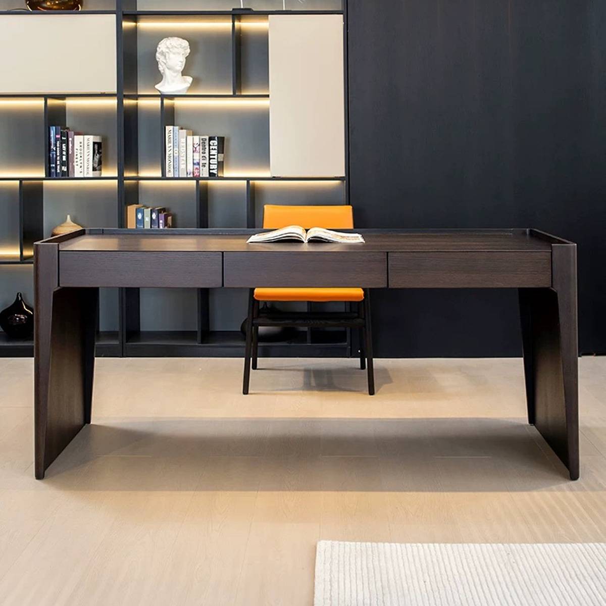 Front view of the desk showing the drawers and open space for legs