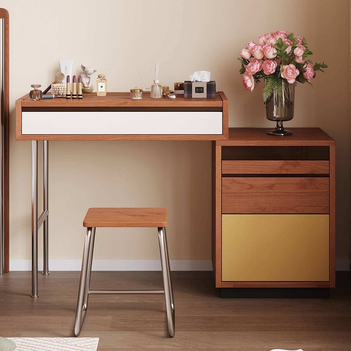 Full view of the Bauhaus style vanity table and stool set