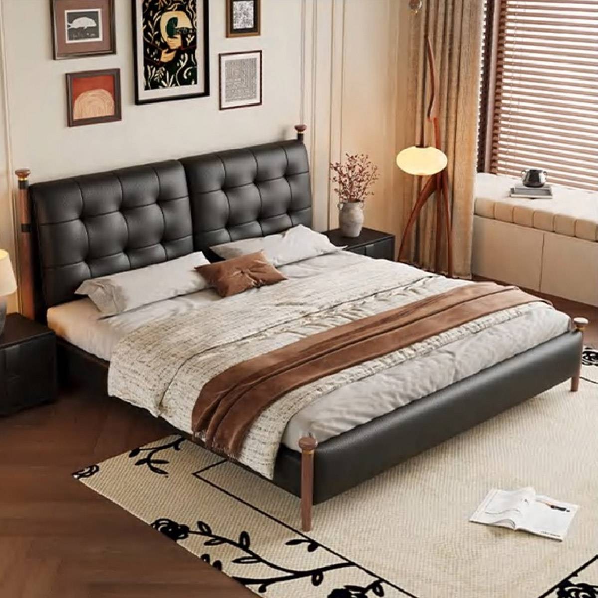 Angled view of the Wutong bed showing the tufted headboard and bedding