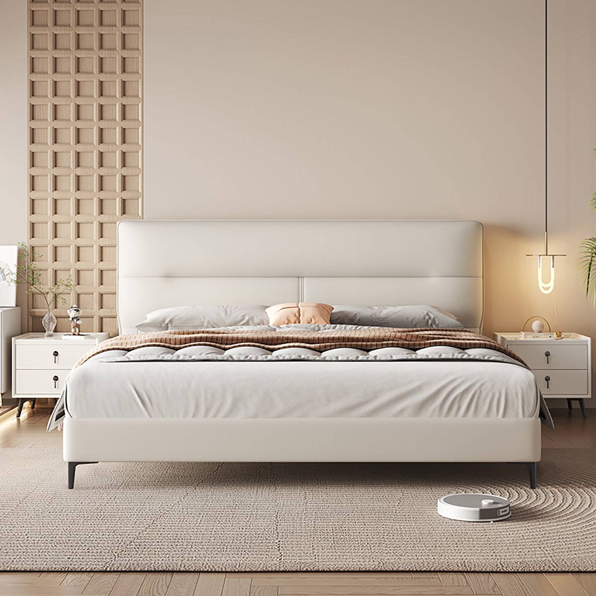 Front view of the white bed highlighting the headboard and frame