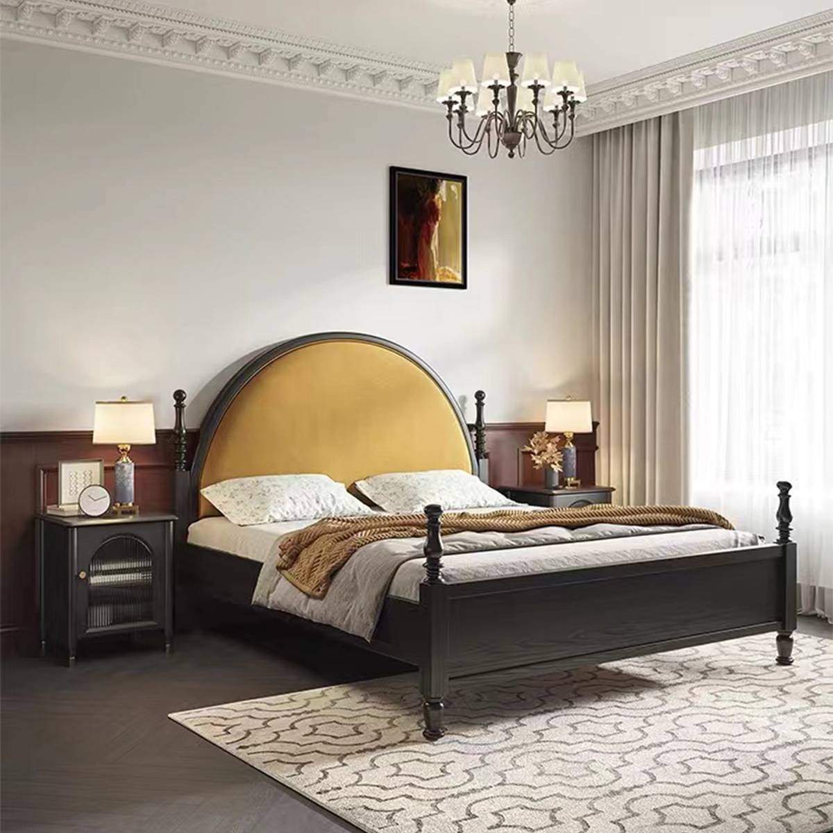 Bedroom setting showing the bed with matching nightstands and lamps