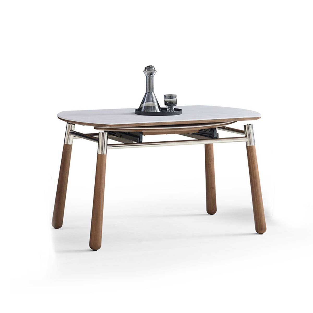Side view showing the table extended to 130cm, revealing the stainless steel extension mechanism underneath.