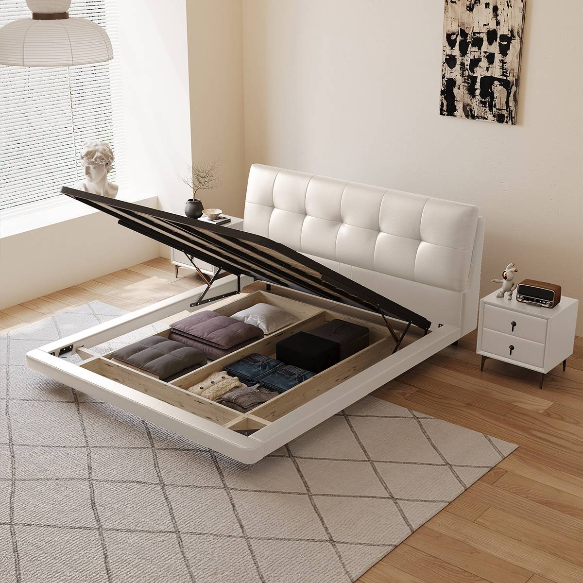 Bed frame with pneumatic high-box storage mechanism open, revealing internal compartments