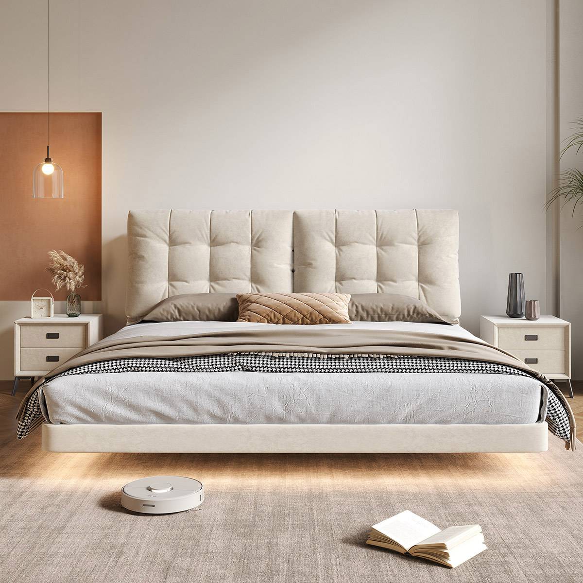 Front view of the bed highlighting the tufted headboard and bedding arrangement.