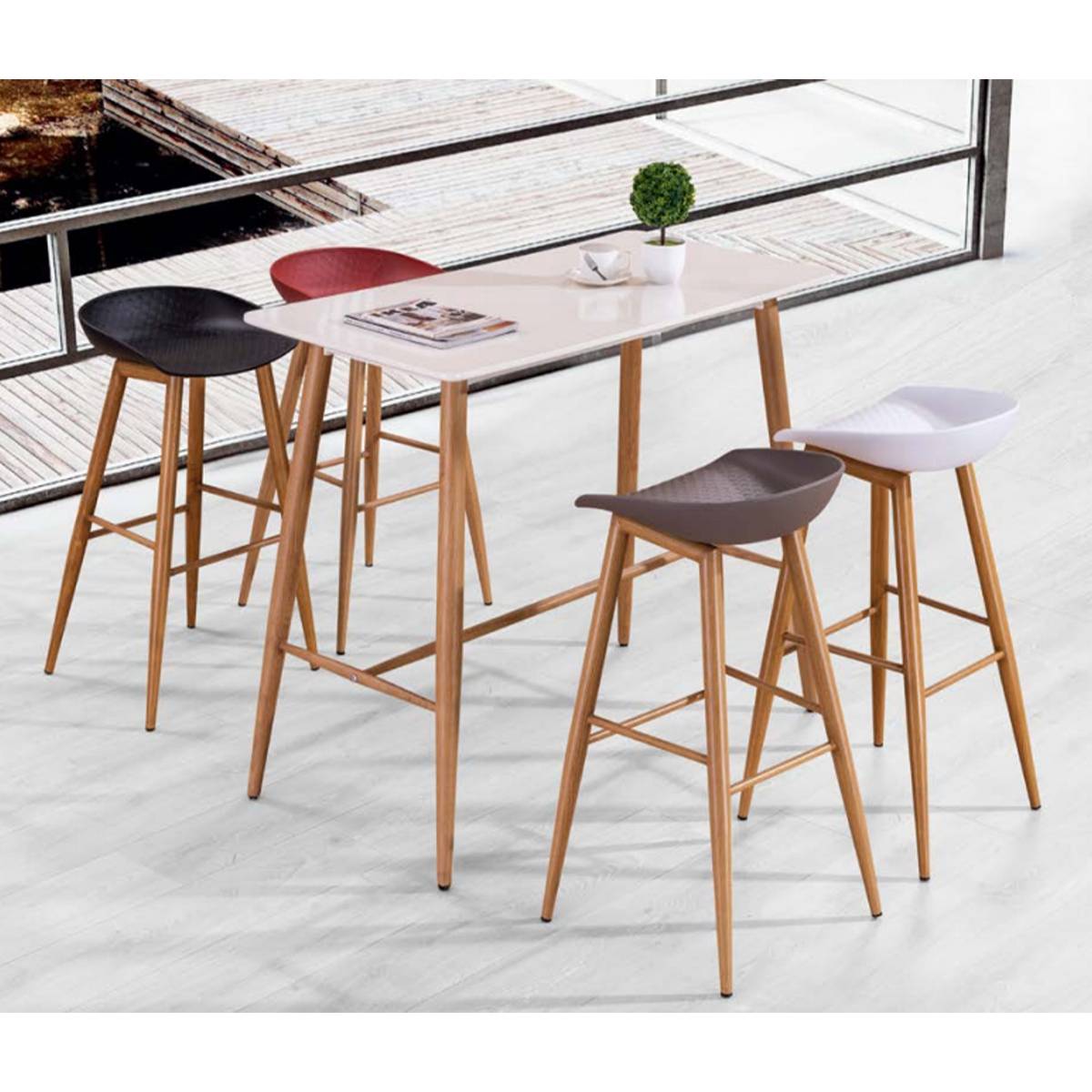 Bar stools arranged around a white high-top table in a modern interior setting