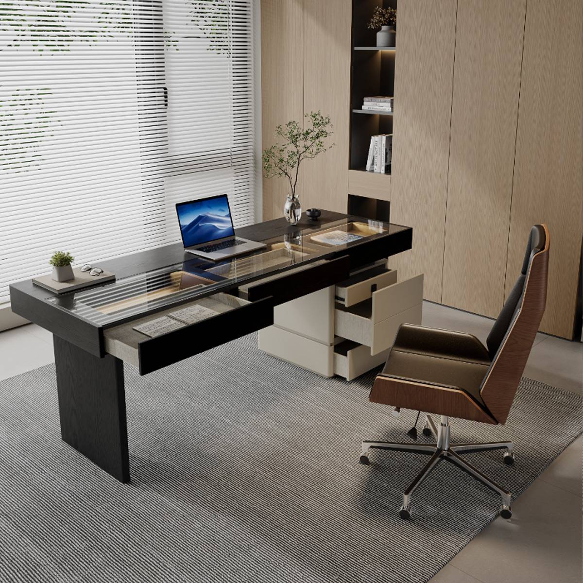 Angle view of the desk with open drawers revealing the internal storage and glass top details.