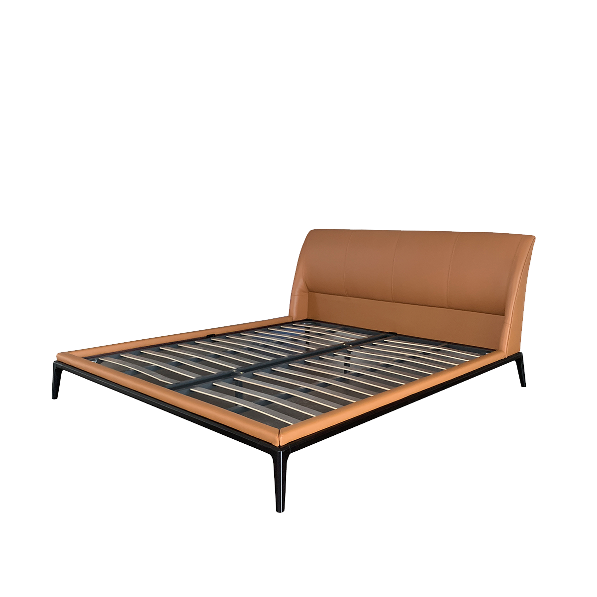 Tan leather bed frame showing wooden slat base