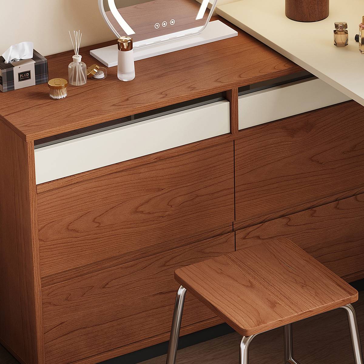 Close-up of the vanity desk surface, mirror, and drawer details
