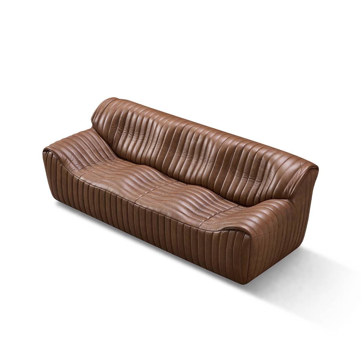 Opposite three-quarter view of the brown leather sofa