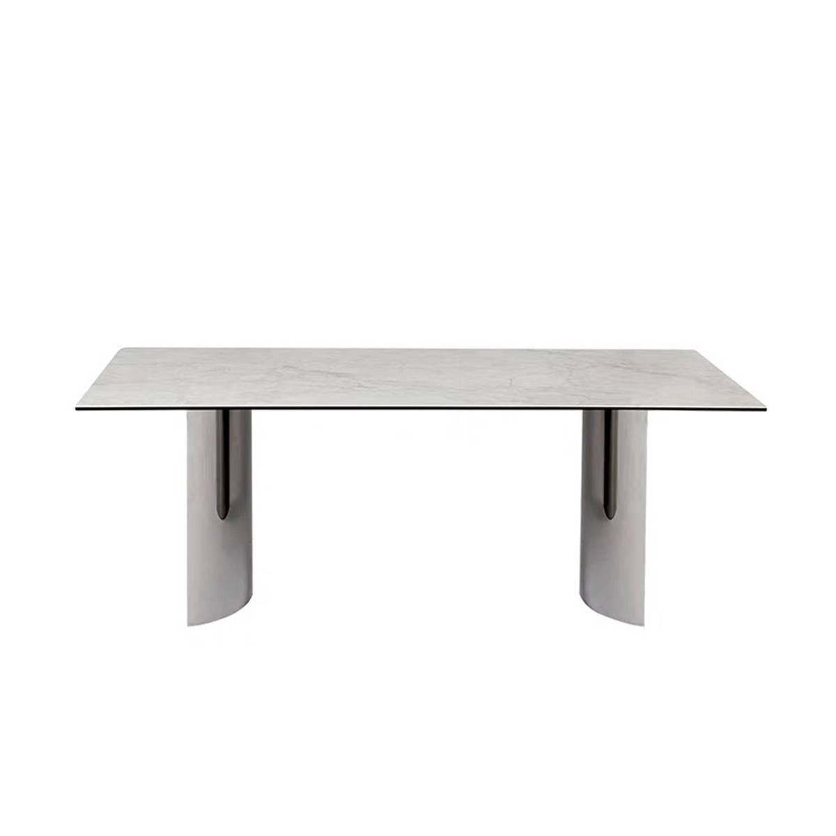 Front view of the dining table showing the crescent-shaped metal legs