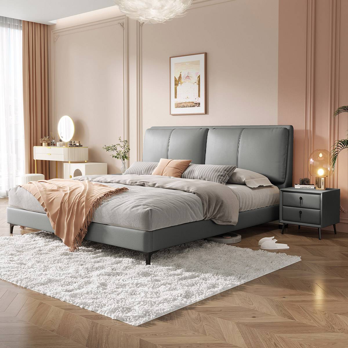 Grey eco-leather soft bed in a modern bedroom setting