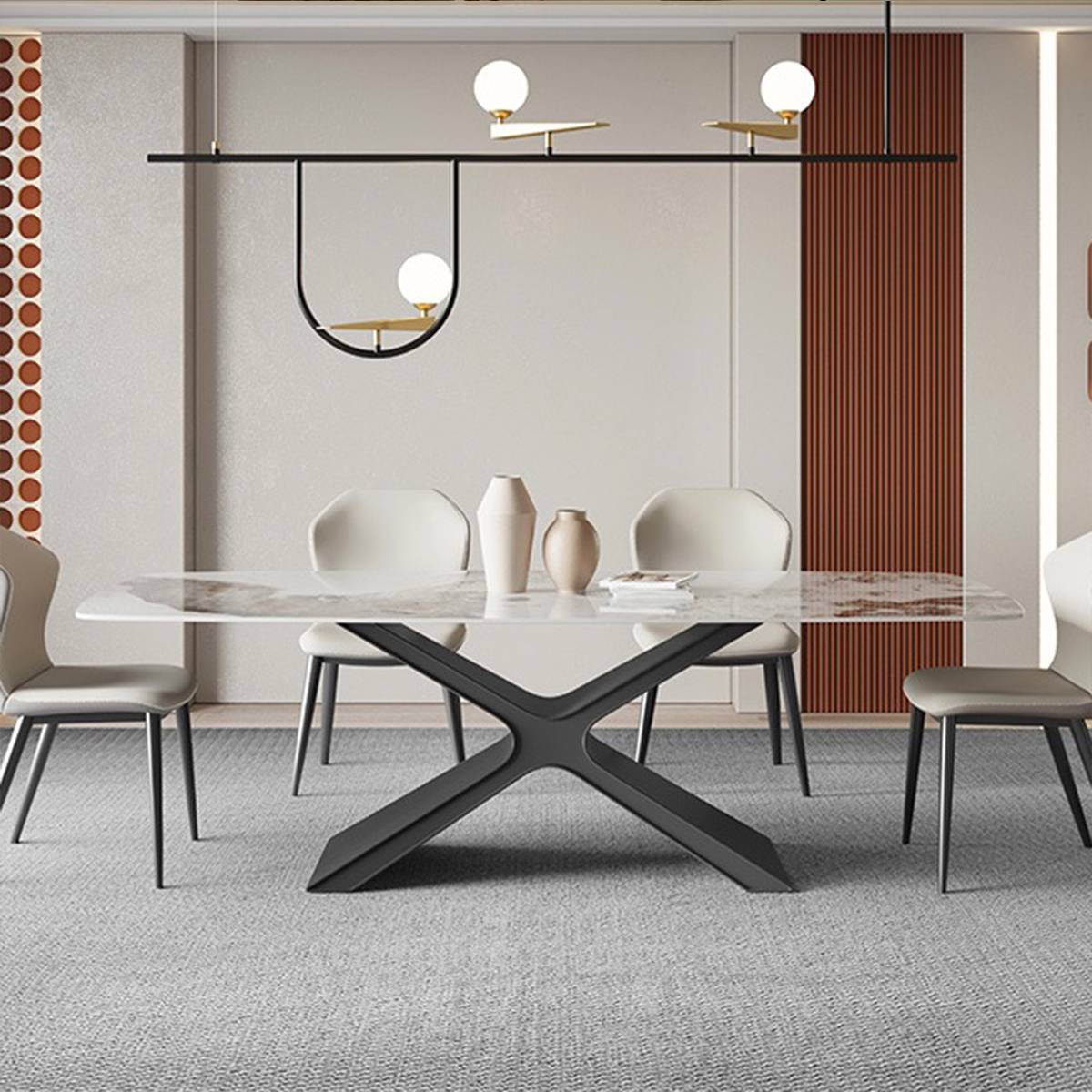 Front view of the dining table with pendant lighting above