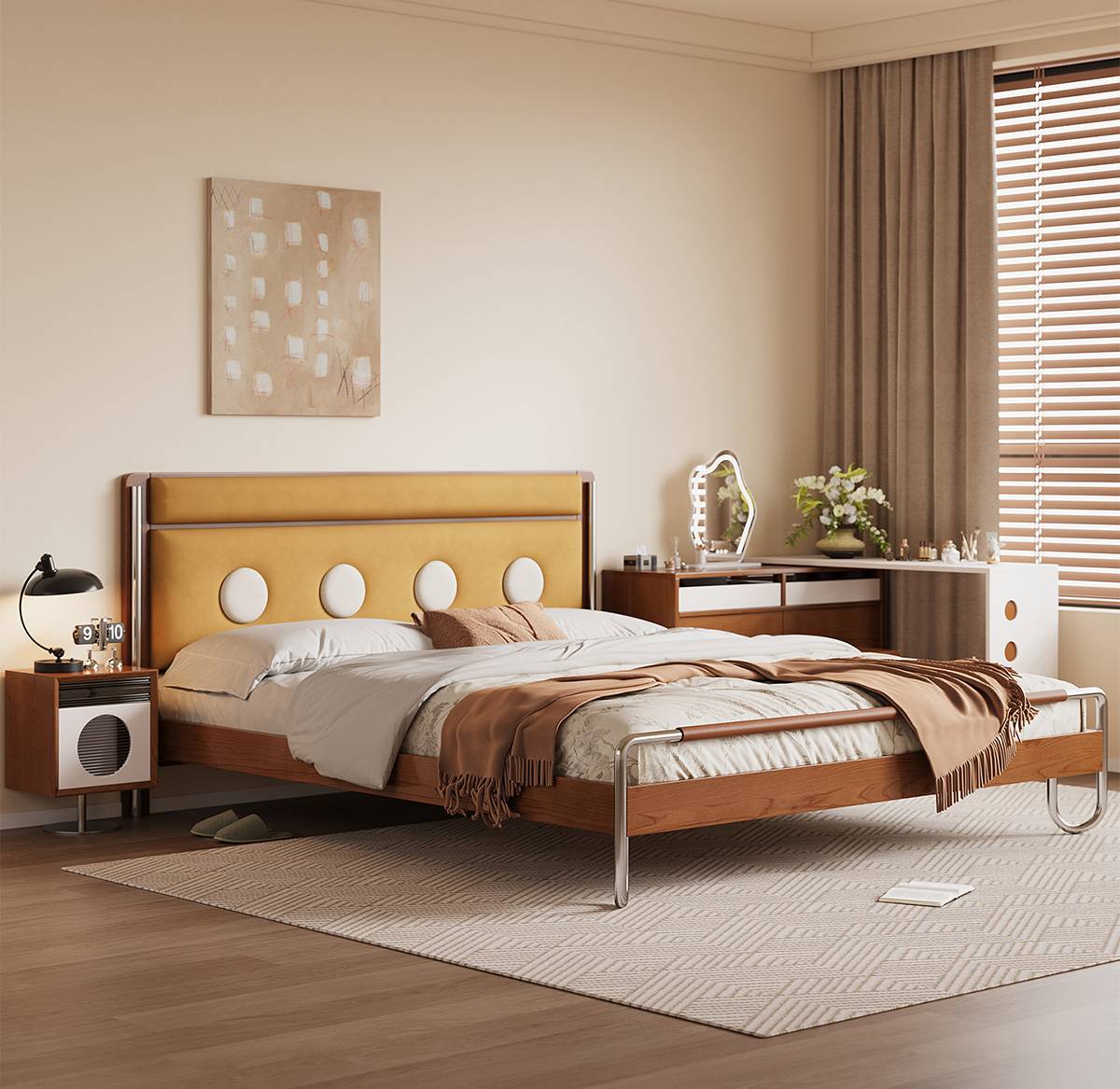 Lemon yellow upholstered bed with circular headboard details in a bedroom setting